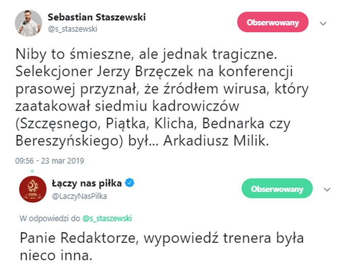 Milik źródłem wirusa w kadrze według Brzeczka? Oficjalny profil ŁNP odpowiada